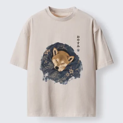 Tokyo-Tiger Sleepy Shiba Hides In Warm Quilt Washed T-Shirt