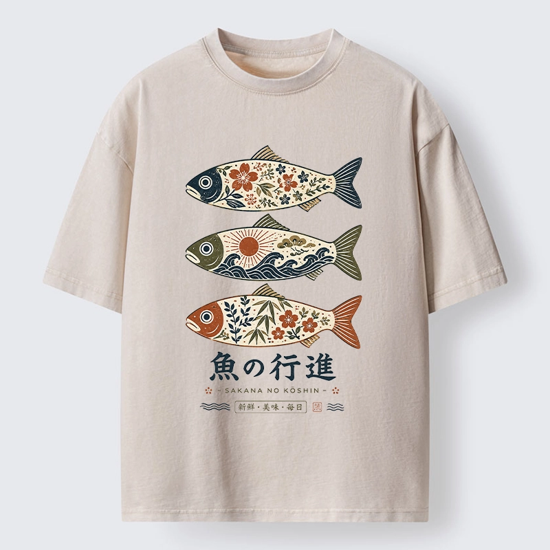 Tokyo-Tiger Sakura Waves Decorate Three Fish Washed T-Shirt