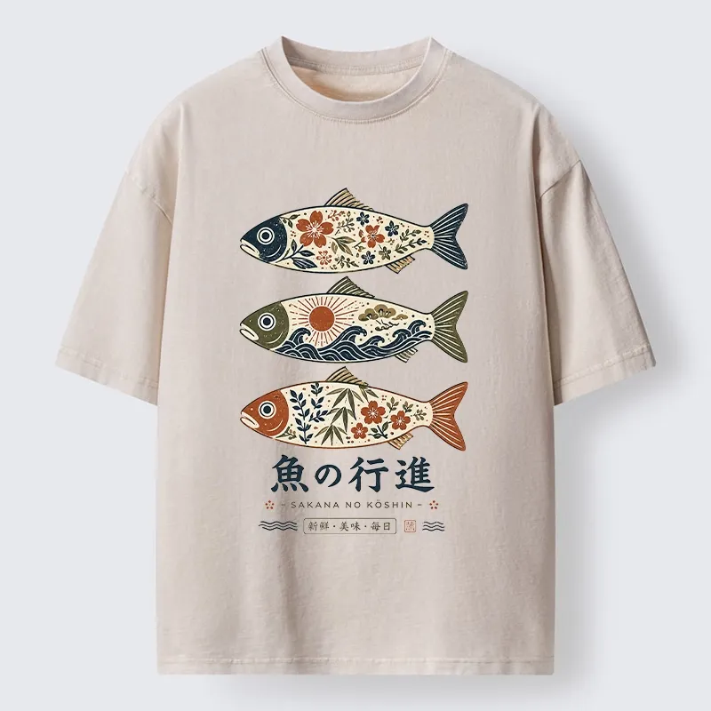 Tokyo-Tiger Sakura Waves Decorate Three Fish Washed T-Shirt