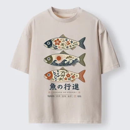 Tokyo-Tiger Sakura Waves Decorate Three Fish Washed T-Shirt