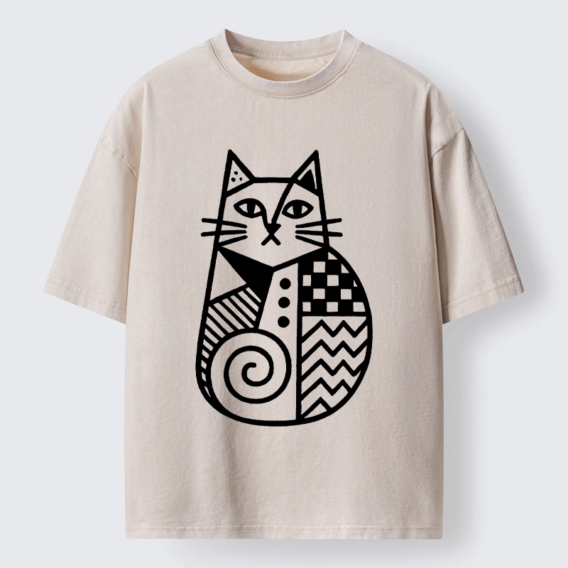Tokyo-Tiger Simple Folk Art Patterned Cat Washed T-Shirt