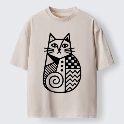 Tokyo-Tiger Simple Folk Art Patterned Cat Washed T-Shirt