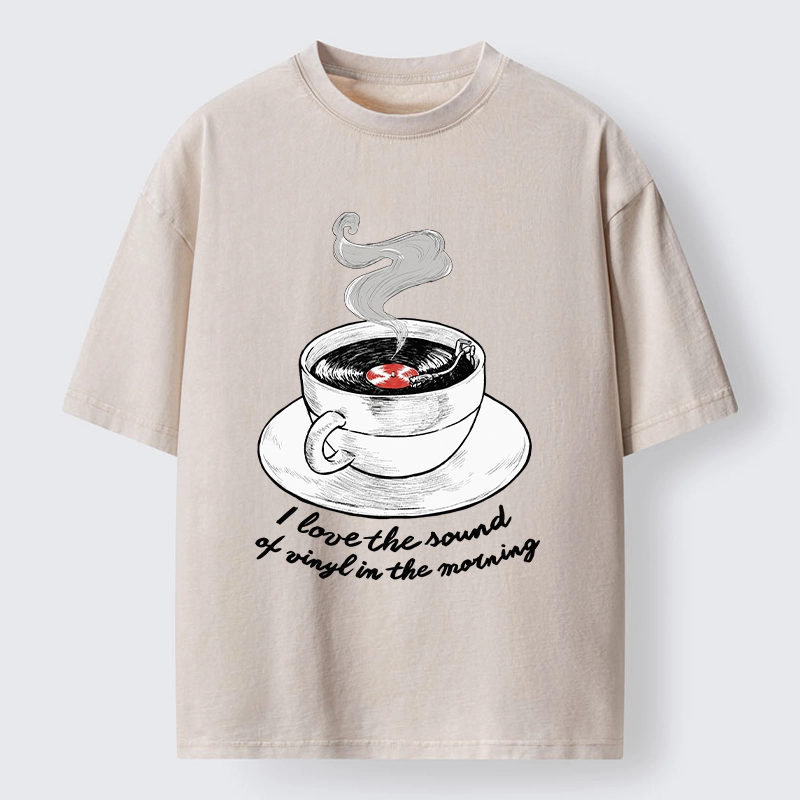 Tokyo-Tiger Coffee Cup Holds Spinning Vinyl Record Washed T-Shirt