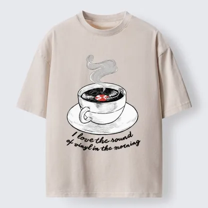Tokyo-Tiger Coffee Cup Holds Spinning Vinyl Record Washed T-Shirt