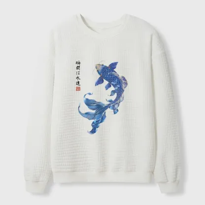 Tokyo-Tiger Lucky Blue Koi Fish Art Waffle Sweatshirt