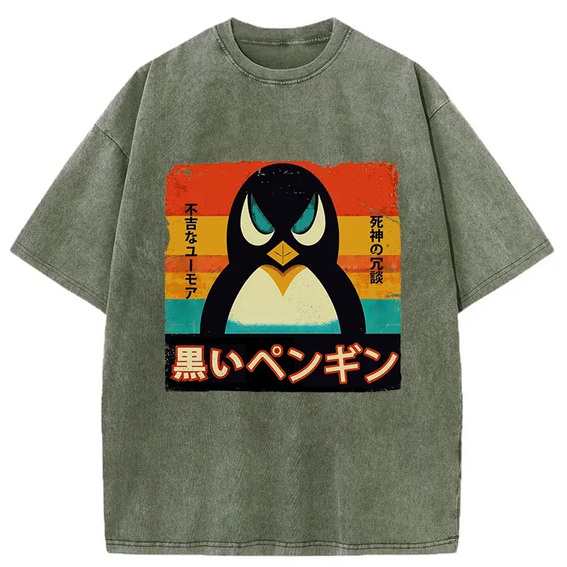 Tokyo-Tiger Black Funny Penguin Washed T-Shirt