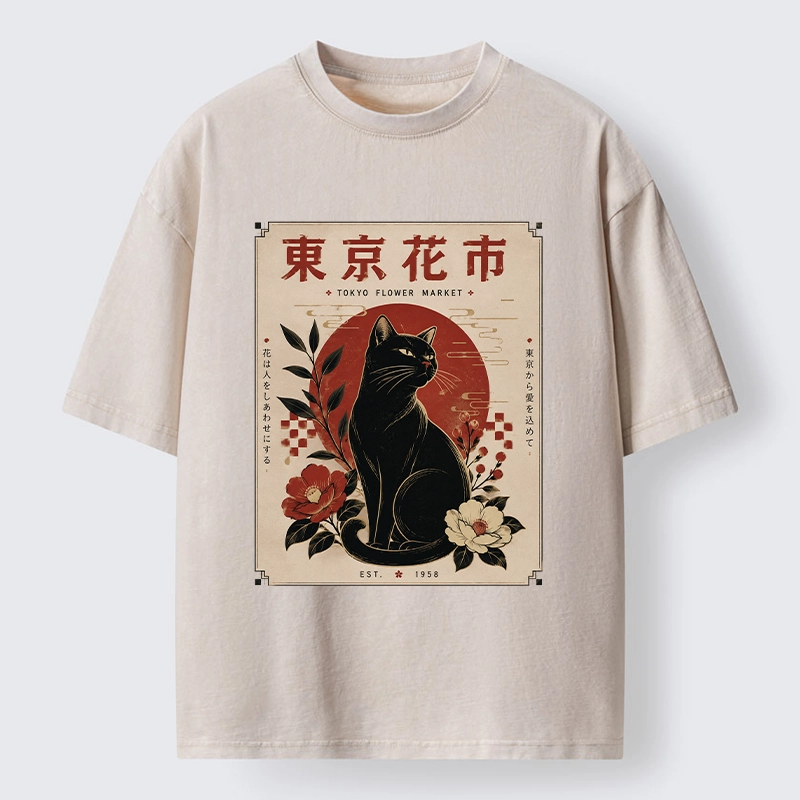 Tokyo-Tiger Tokyo Flower Market Cat Washed T-Shirt