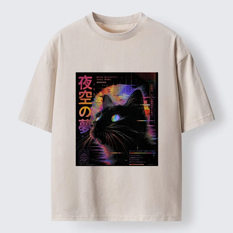 Tokyo-Tiger Night Sky Dreams Cat Washed T-Shirt Sale