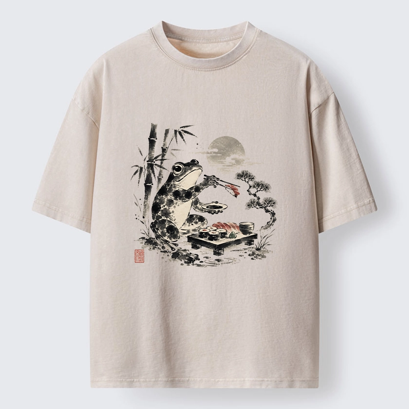 Tokyo-Tiger Frog Eating Sushi At Nigh Washed T-Shirt