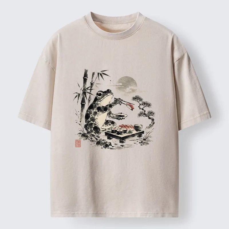 Tokyo-Tiger Frog Eating Sushi At Nigh Washed T-Shirt