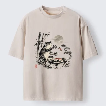 Tokyo-Tiger Frog Eating Sushi At Nigh Washed T-Shirt