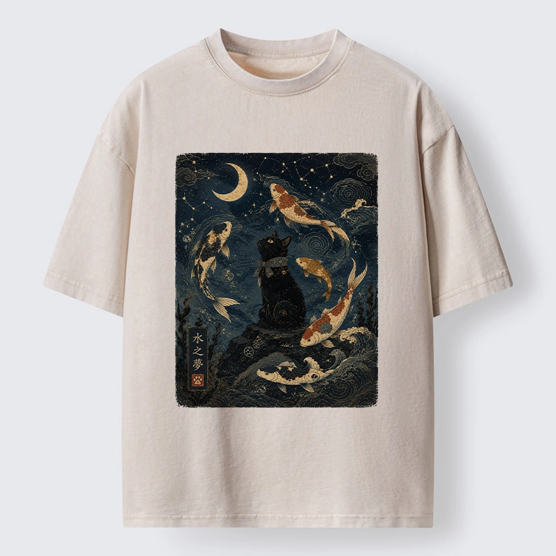 Tokyo-Tiger Black Cat And Koi Fish Washed T-Shirt