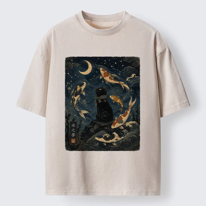 Tokyo-Tiger Black Cat And Koi Fish Washed T-Shirt Sale