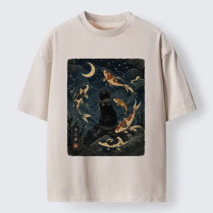Tokyo-Tiger Black Cat And Koi Fish Washed T-Shirt