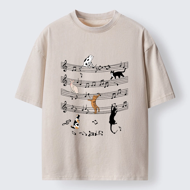 Tokyo-Tiger Cats On Musical Notes Washed T-Shirt