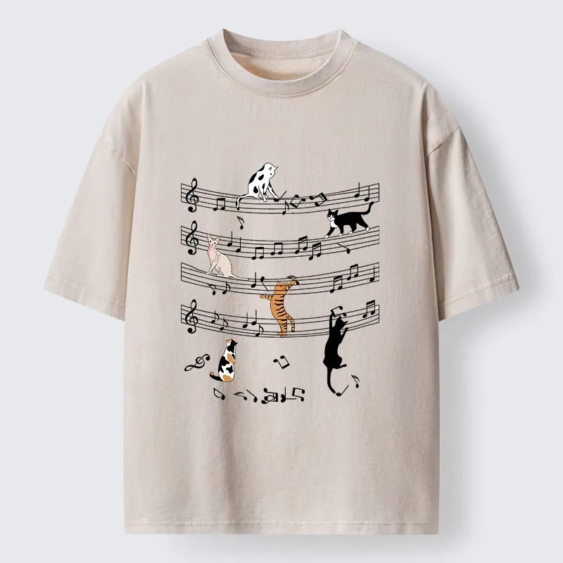 Tokyo-Tiger Cats On Musical Notes Washed T-Shirt Sale