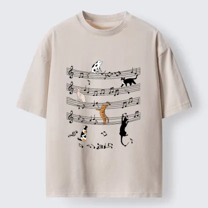 Tokyo-Tiger Cats On Musical Notes Washed T-Shirt