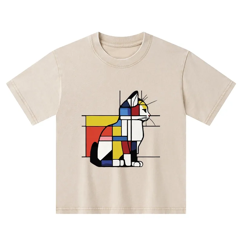 Tokyo-Tiger Geometric Cat Art In Primary Colors Kids Washed T-Shirt