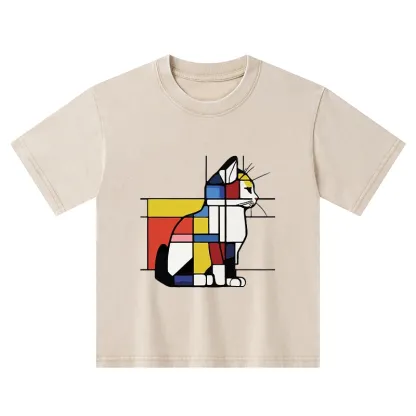 Tokyo-Tiger Geometric Cat Art In Primary Colors Kids Washed T-Shirt