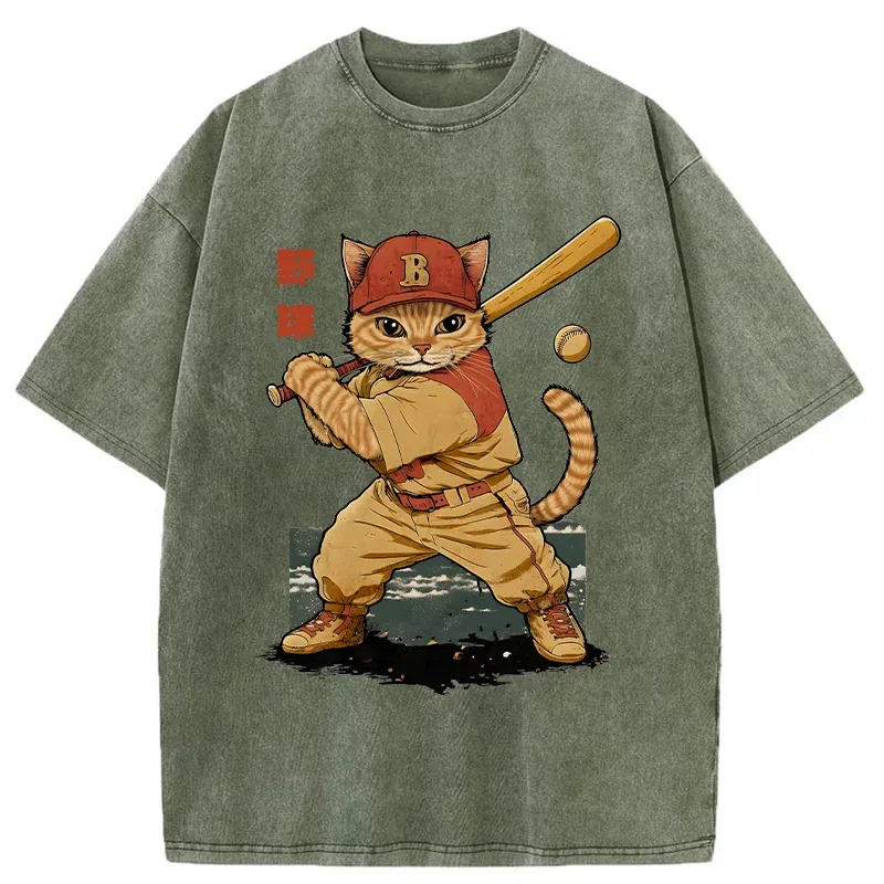 Tokyo-Tiger Baseball Cat Player Washed T-Shirt