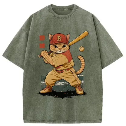 Tokyo-Tiger Baseball Cat Player Washed T-Shirt