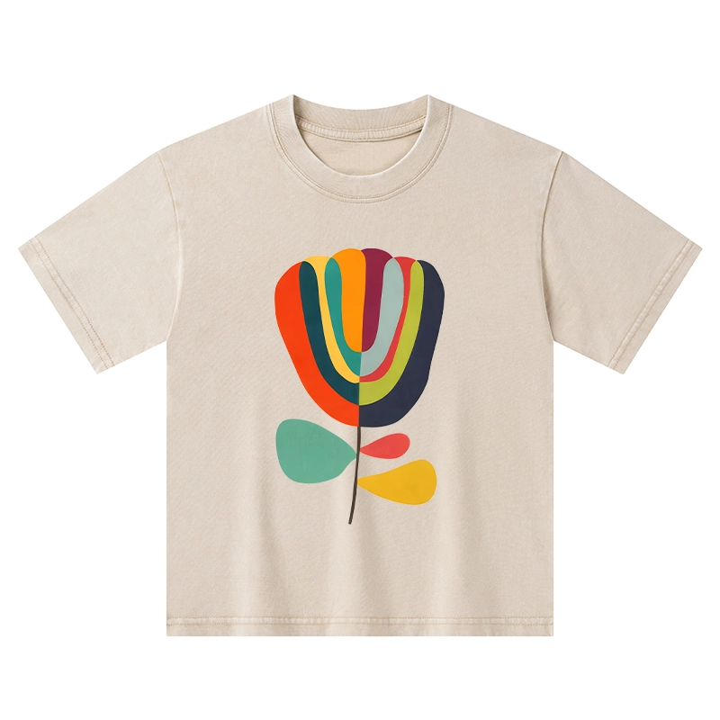 Tokyo-Tiger Colorful Flower Minimalist Print Kids Washed T-Shirt