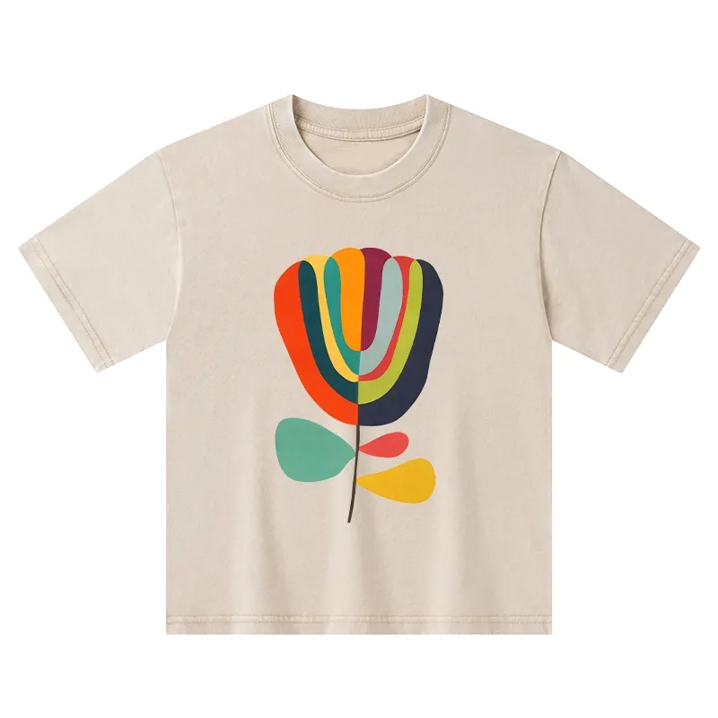 Tokyo-Tiger Colorful Flower Minimalist Print Kids Washed T-Shirt