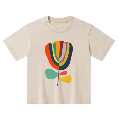 Tokyo-Tiger Colorful Flower Minimalist Print Kids Washed T-Shirt