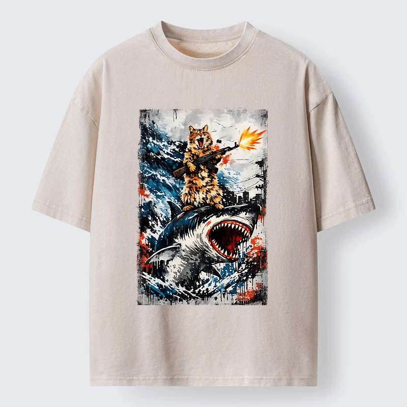 Tokyo-Tiger Cat Riding A Shark With A Gun Washed T-Shirt