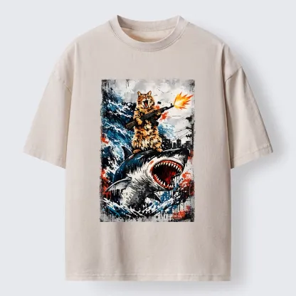 Tokyo-Tiger Cat Riding A Shark With A Gun Washed T-Shirt