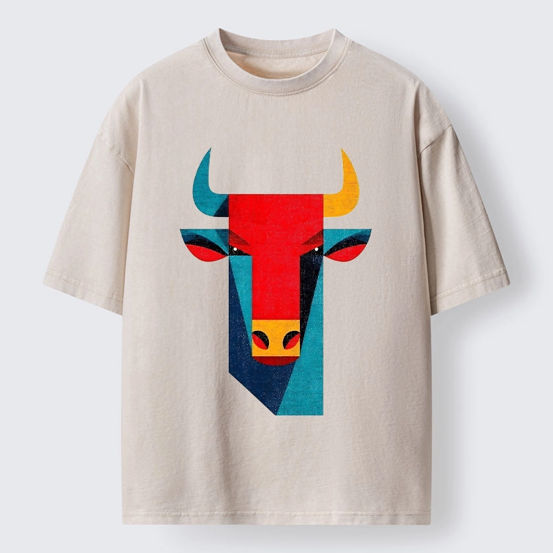 Tokyo-Tiger Geometric Bull Head Art Washed T-Shirt