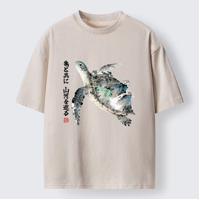 Tokyo-Tiger Ink Wash Sea Turtle Art Washed T-Shirt