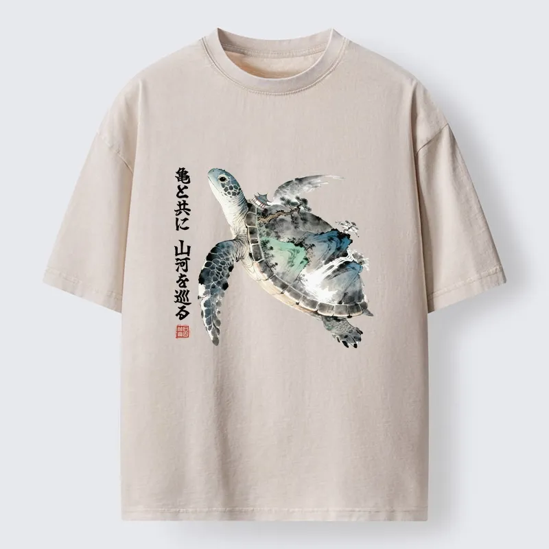 Tokyo-Tiger Ink Wash Sea Turtle Art Washed T-Shirt Sale