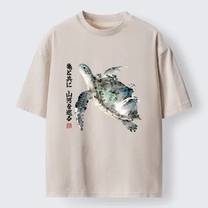 Tokyo-Tiger Ink Wash Sea Turtle Art Washed T-Shirt