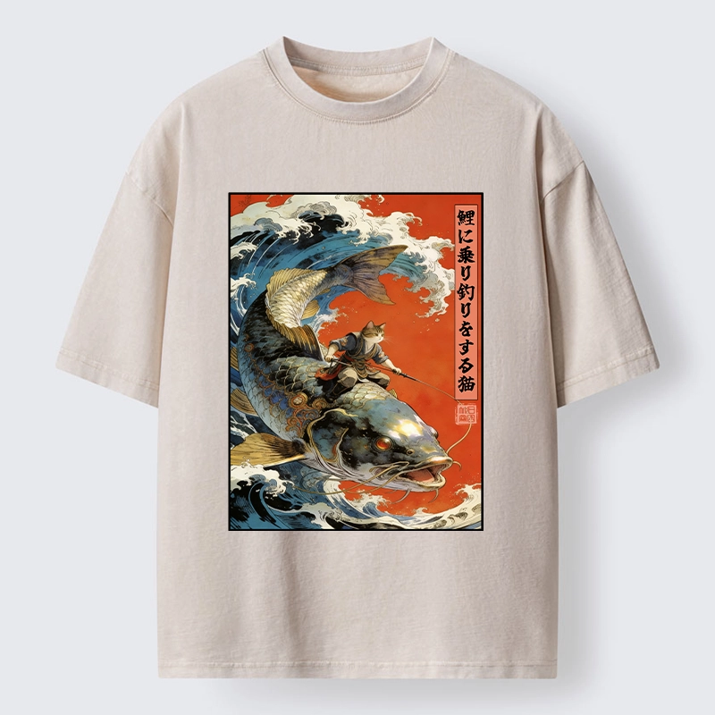 Tokyo-Tiger Ukiyo E Cat Fishing Art Washed T-Shirt