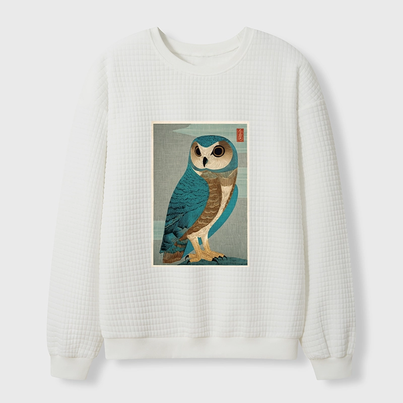 Tokyo-Tiger Vintage Owl Woodblock Art Waffle Sweatshirt