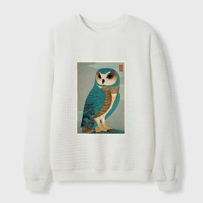 Tokyo-Tiger Vintage Owl Woodblock Art Waffle Sweatshirt