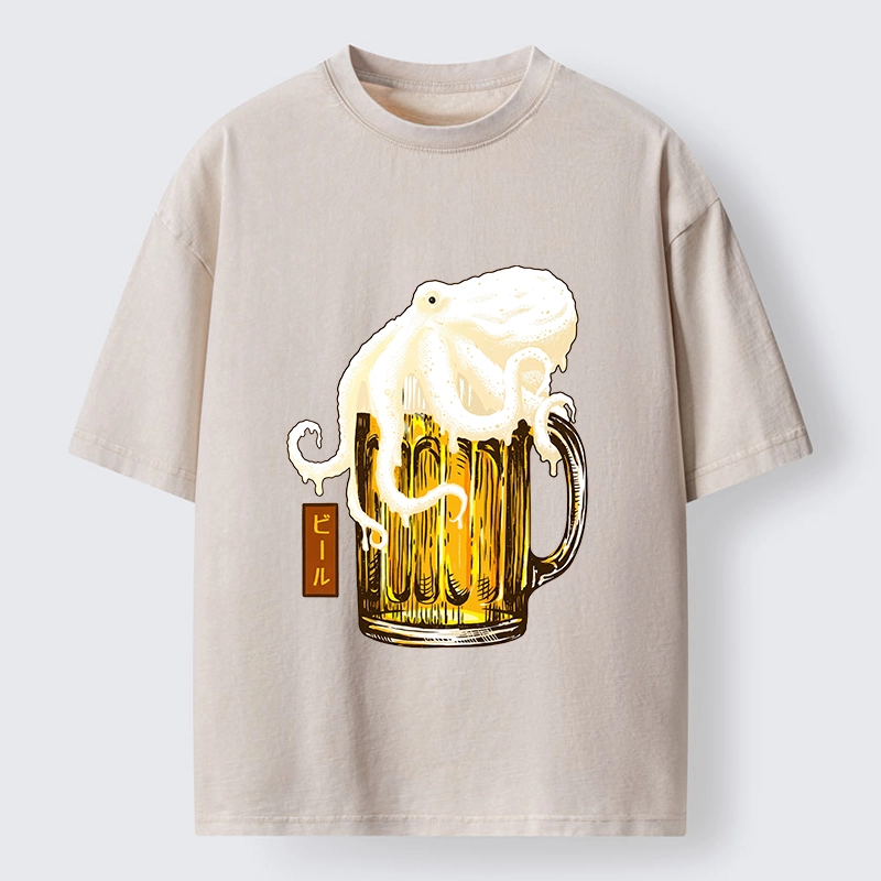 Tokyo-Tiger Octopus Foam On Cold Beer Mug Washed T-Shirt