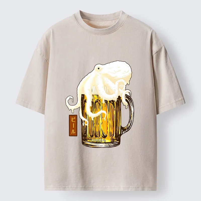 Tokyo-Tiger Octopus Foam On Cold Beer Mug Washed T-Shirt