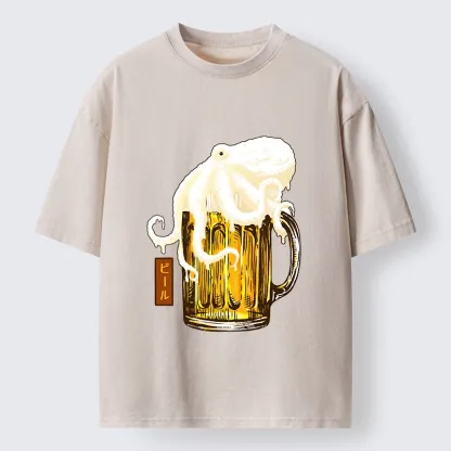 Tokyo-Tiger Octopus Foam On Cold Beer Mug Washed T-Shirt