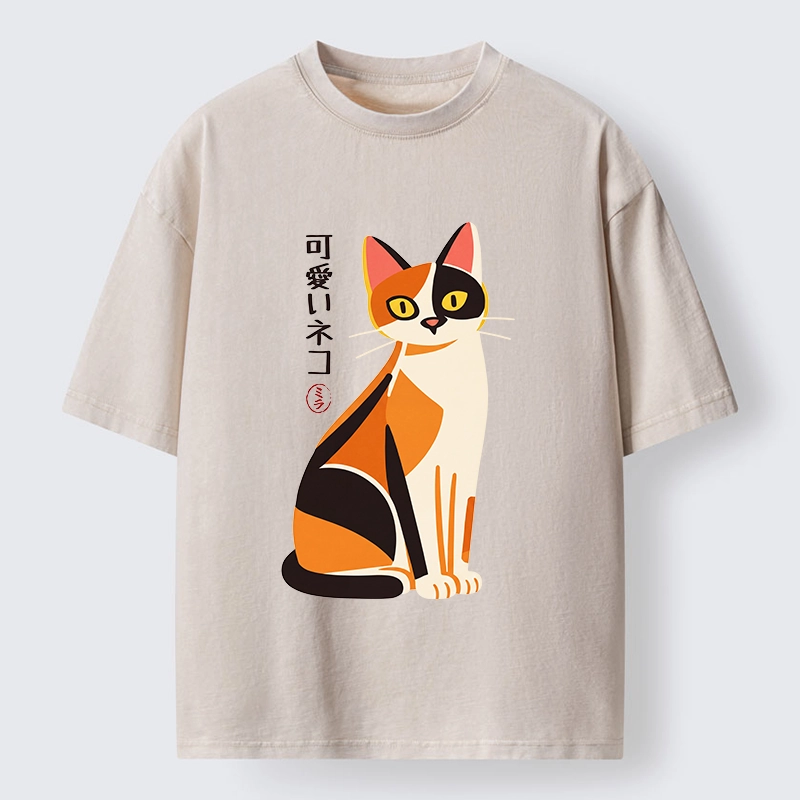 Tokyo-Tiger Cute Calico Cat Japanese Minimal Art Washed T-Shirt