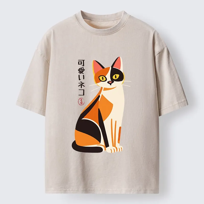Tokyo-Tiger Cute Calico Cat Japanese Minimal Art Washed T-Shirt Sale