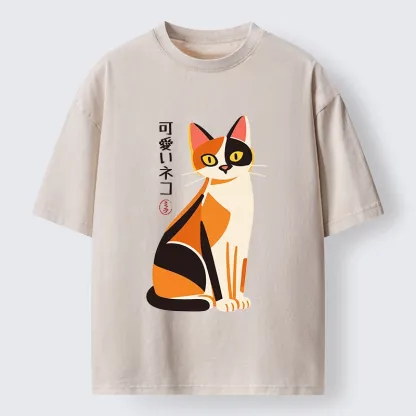 Tokyo-Tiger Cute Calico Cat Japanese Minimal Art Washed T-Shirt
