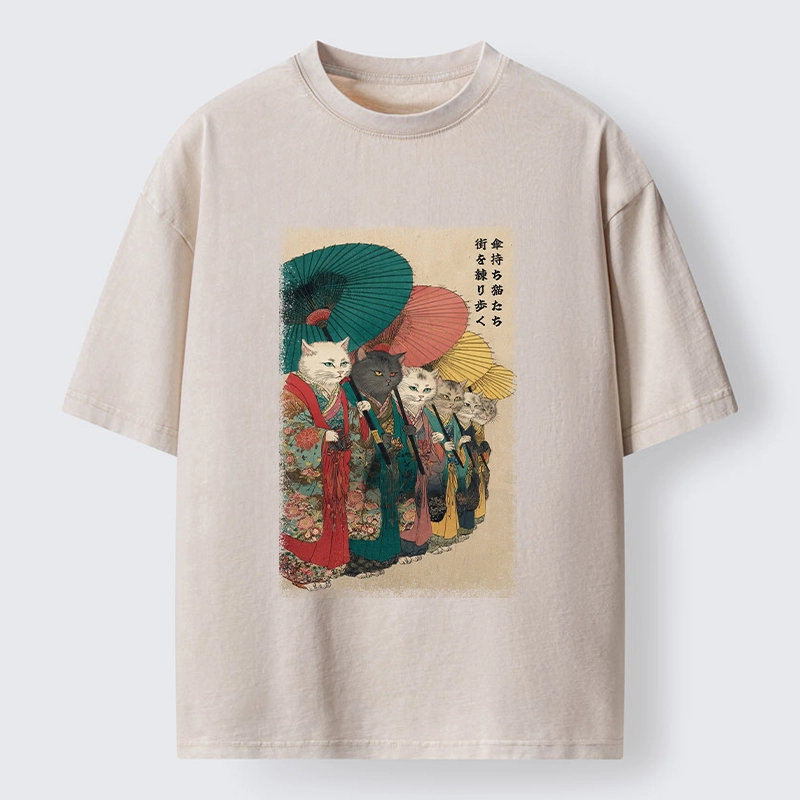 Tokyo-Tiger Kimono Cats Walk With Colorful Umbrellas Washed T-Shirt