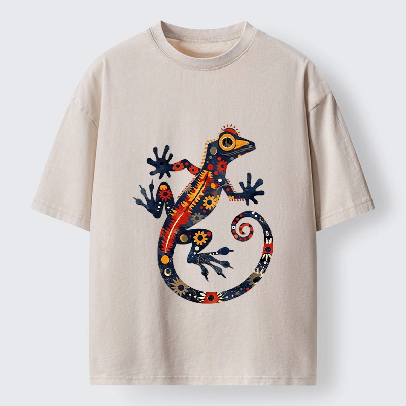 Tokyo-Tiger Colorful Folk Art Gecko Full Of Flowers Washed T-Shirt