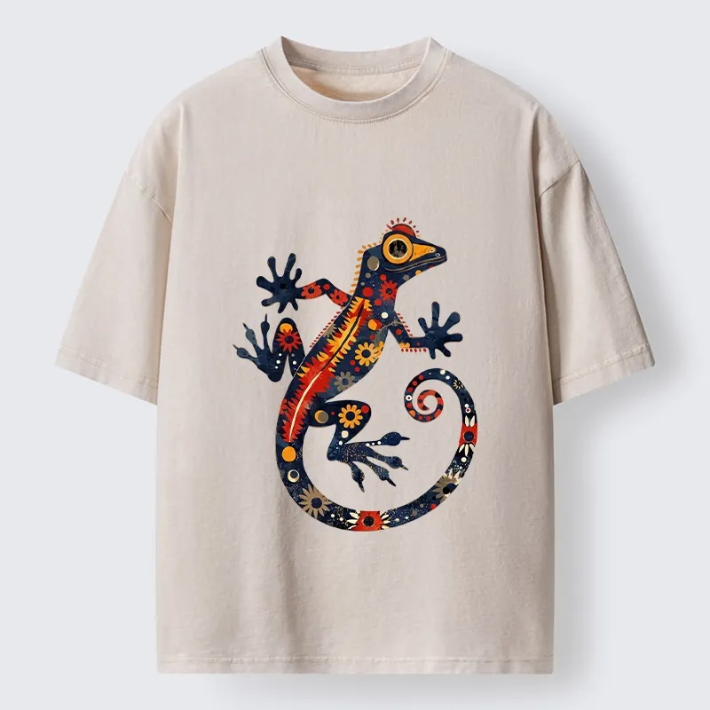 Tokyo-Tiger Colorful Folk Art Gecko Full Of Flowers Washed T-Shirt Sale