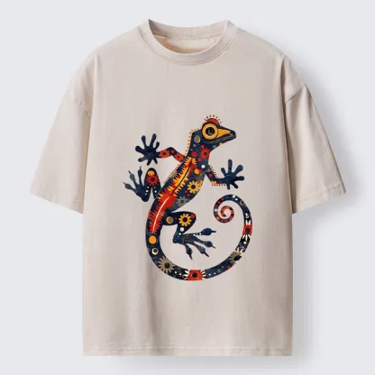 Tokyo-Tiger Colorful Folk Art Gecko Full Of Flowers Washed T-Shirt