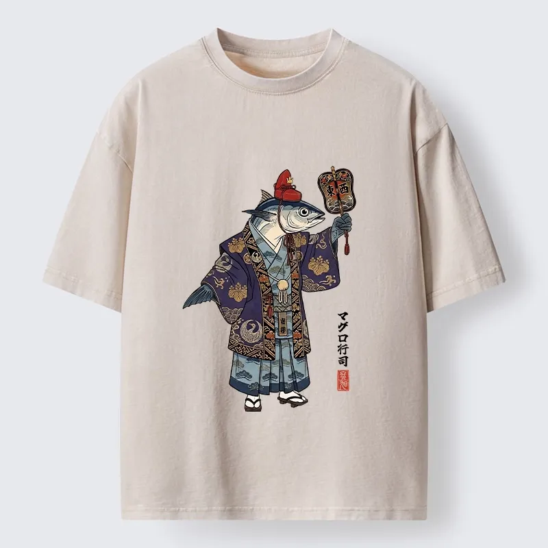 Tokyo-Tiger Fish Chef Holds Decorative Hand Fan Washed T-Shirt Sale