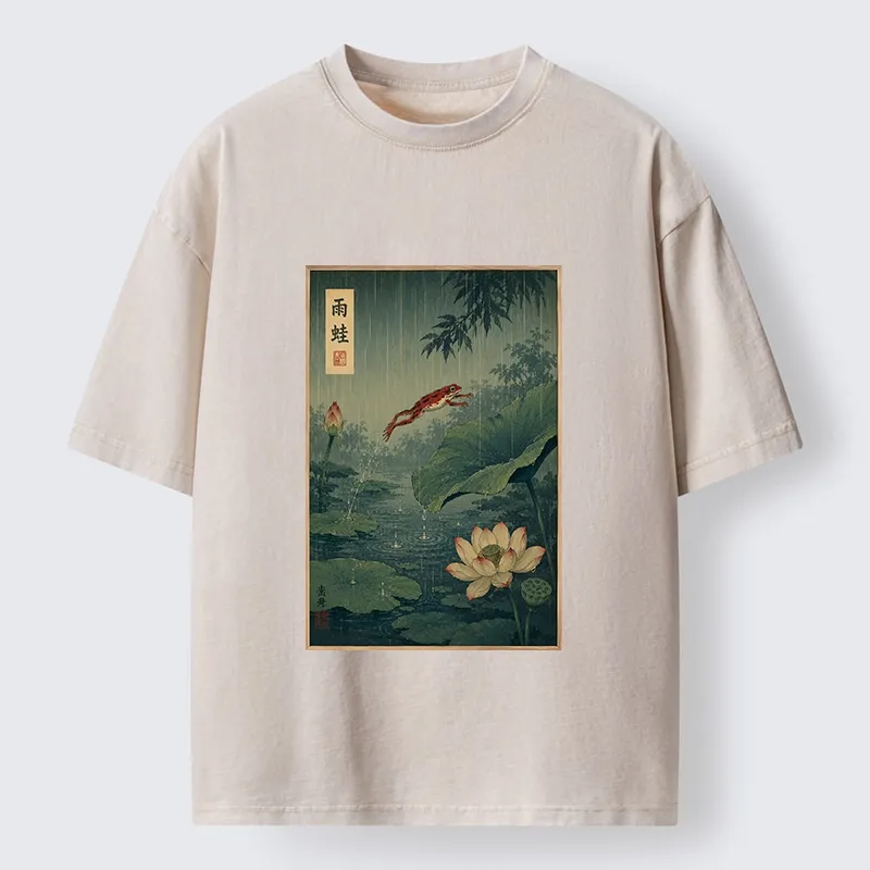 Tokyo-Tiger Vintage Asian Frog Jump Over Lotus Leaf Washed T-Shirt Sale