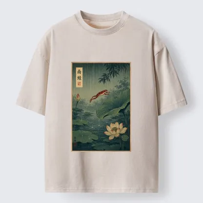 Tokyo-Tiger Vintage Asian Frog Jump Over Lotus Leaf Washed T-Shirt